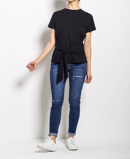 Women Tied Front Short Sleeve Tee - Black - H0W730