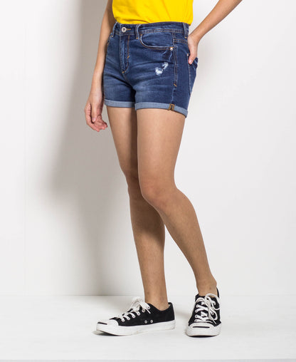 Women Ripped Short Jeans - Dark Blue - H0W786