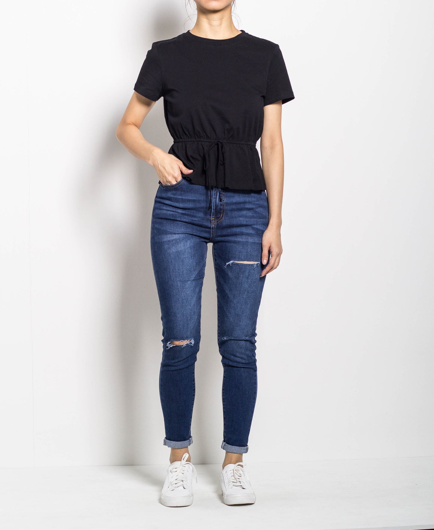 Women Peplum Short Sleeve Blouse - Black - H0W732