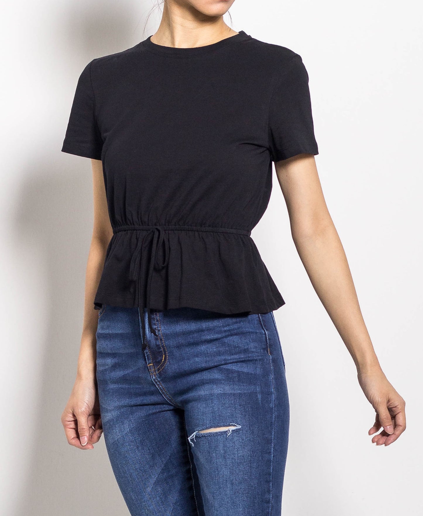 Women Peplum Short Sleeve Blouse - Black - H0W732