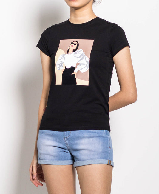 Women Short Sleeve Graphic Tee - Black - H0W773