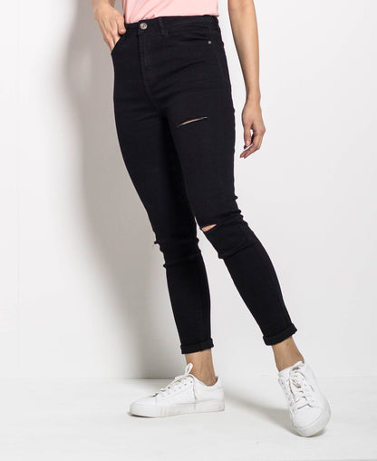 Women High Waisted Skinny Fit Long Pants - Black - M0W519