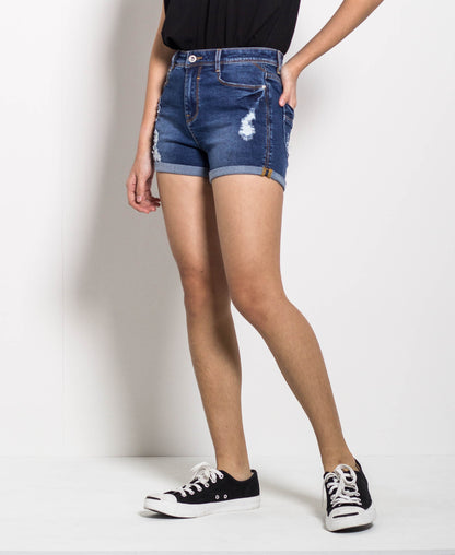 Women Ripped Short Jeans - Dark Blue - H0W725