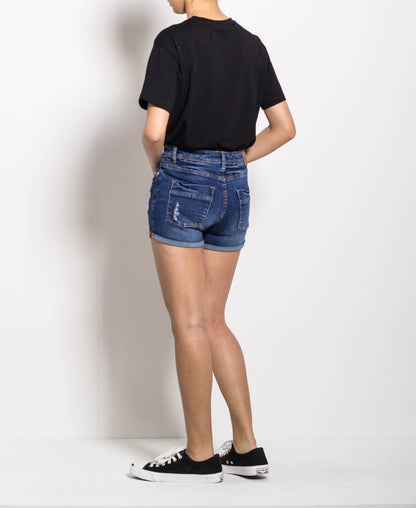 Women Ripped Short Jeans - Dark Blue - H0W725