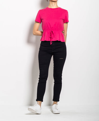 Women Peplum Short Sleeve Blouse - Pink - H0W902