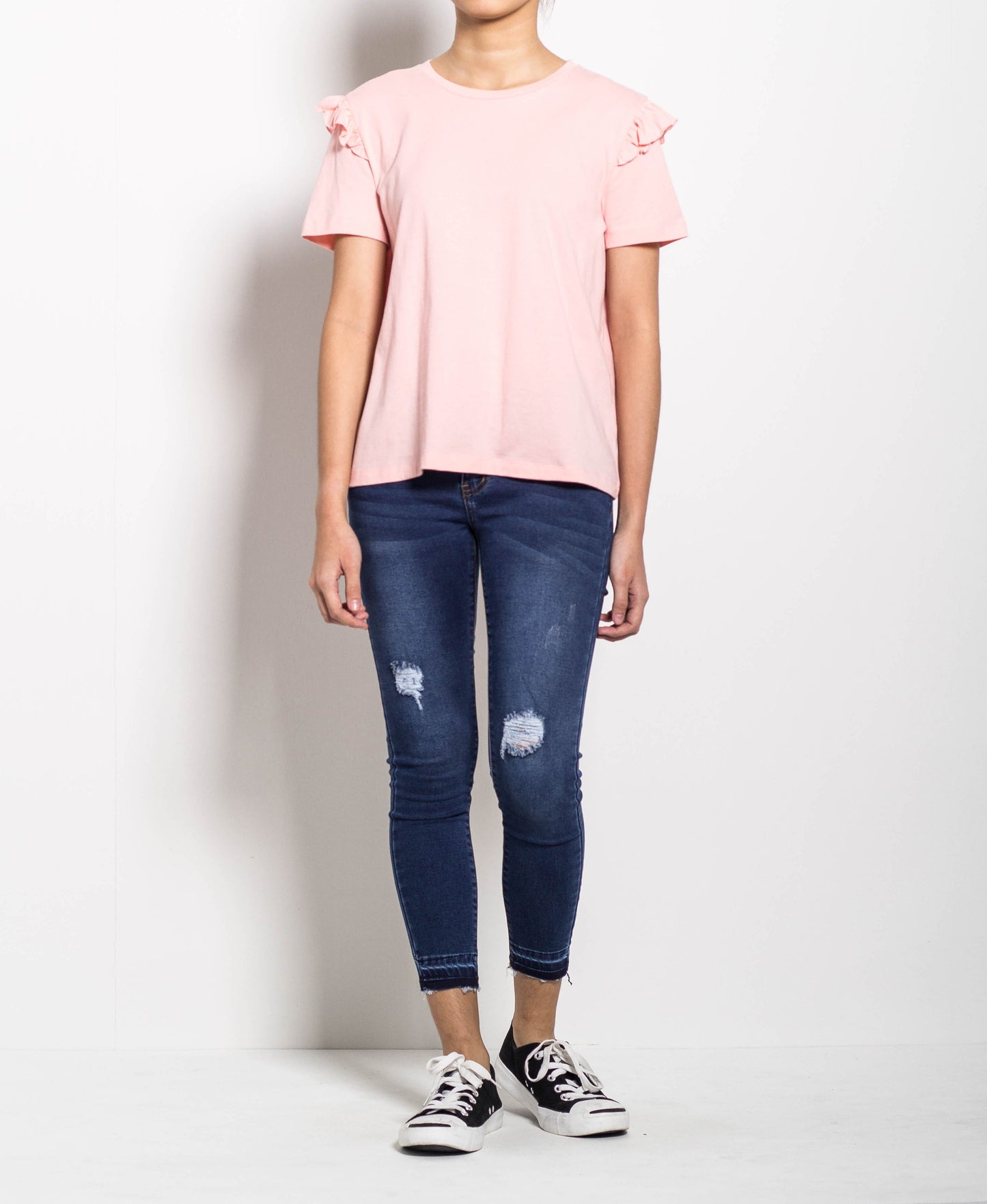 Women Short Sleeve Ruffled Basic Tee - Pink - H0W961