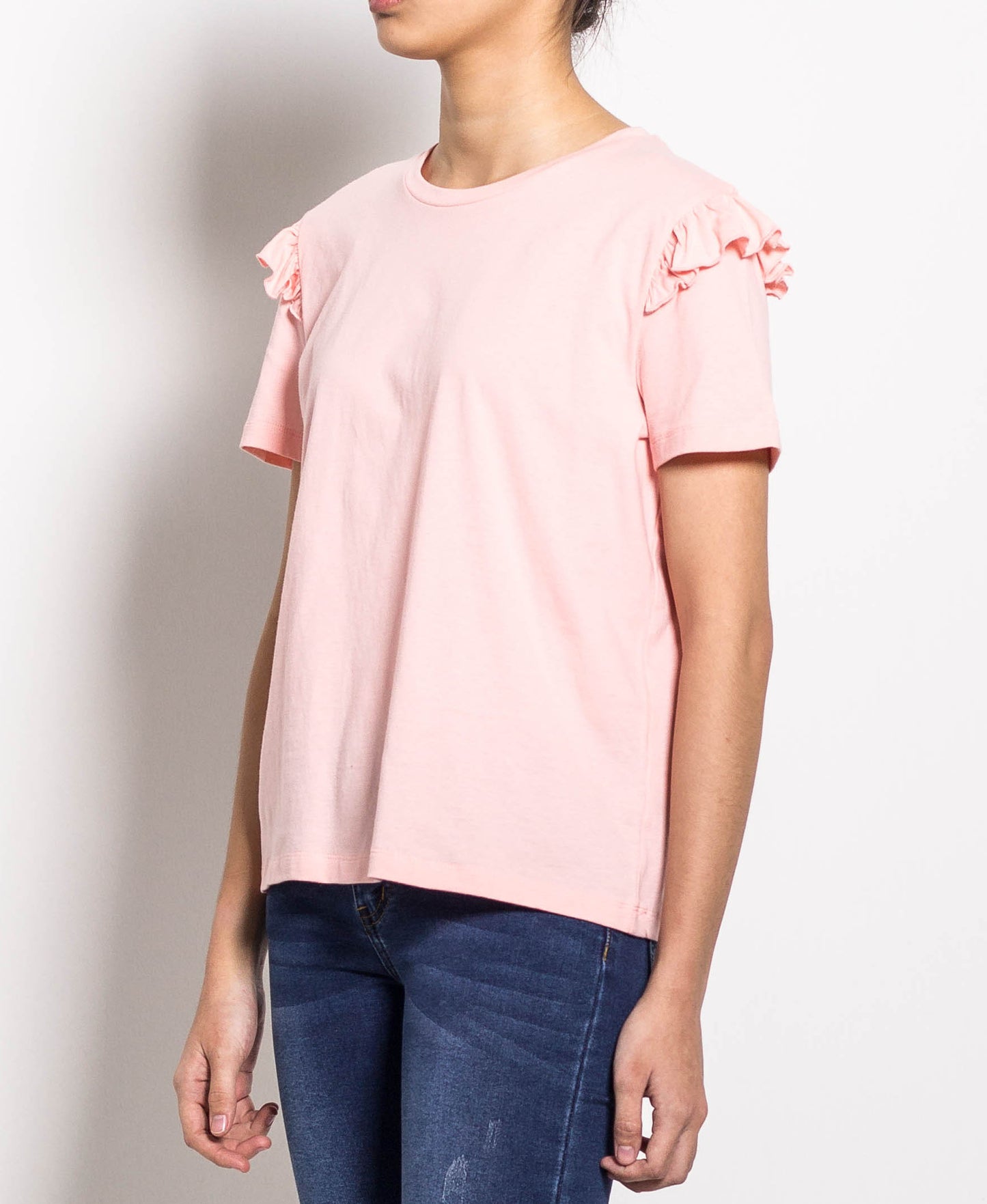 Women Short Sleeve Ruffled Basic Tee - Pink - H0W961