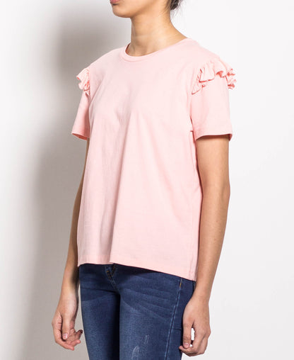 Women Short Sleeve Ruffled Basic Tee - Pink - H0W961