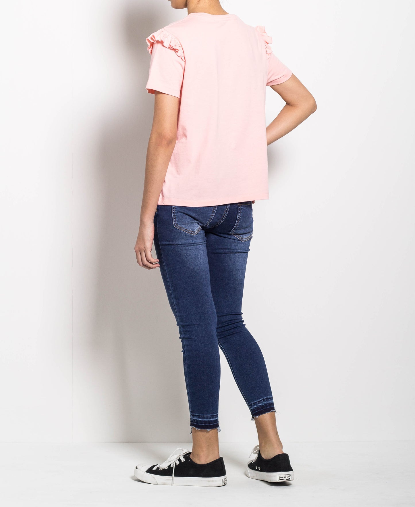 Women Short Sleeve Ruffled Basic Tee - Pink - H0W961