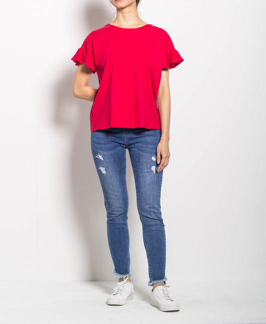 Women Ruffled Short-Sleeve Tee - Red - H0W791