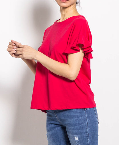 Women Ruffled Short-Sleeve Tee - Red - H0W791