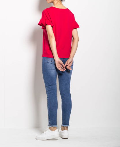 Women Ruffled Short-Sleeve Tee - Red - H0W791