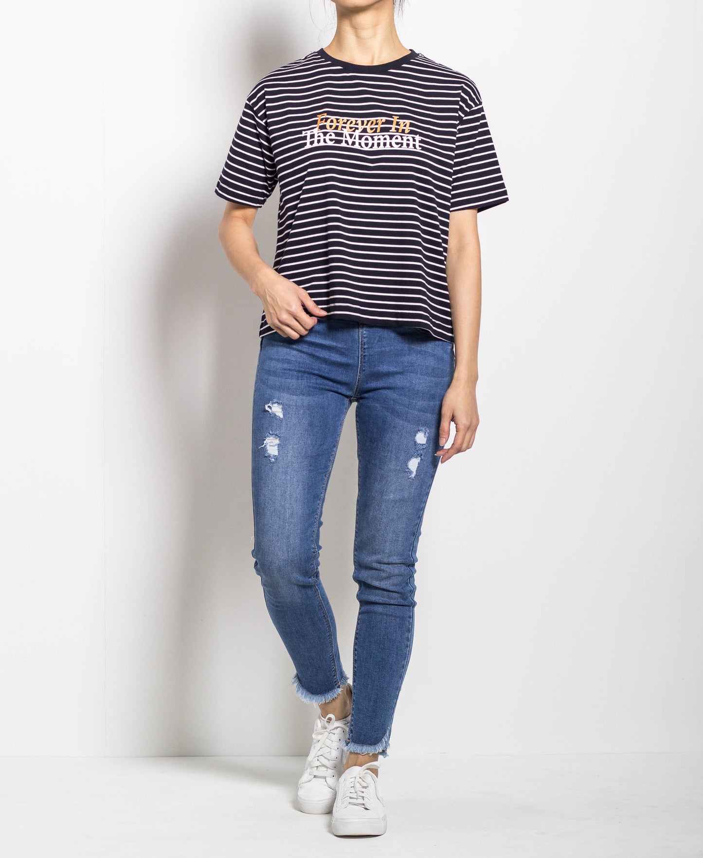 Women Short Sleeve Stripe Tee - Navy - H0W785