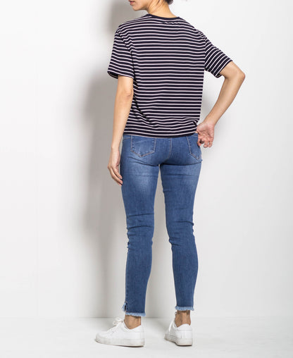 Women Short Sleeve Stripe Tee - Navy - H0W785