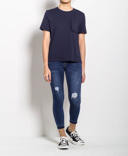 Women Short Sleeve Basic Tee With Pocket - Navy - H0W905