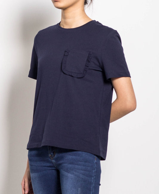 Women Short Sleeve Basic Tee With Pocket - Navy - H0W905