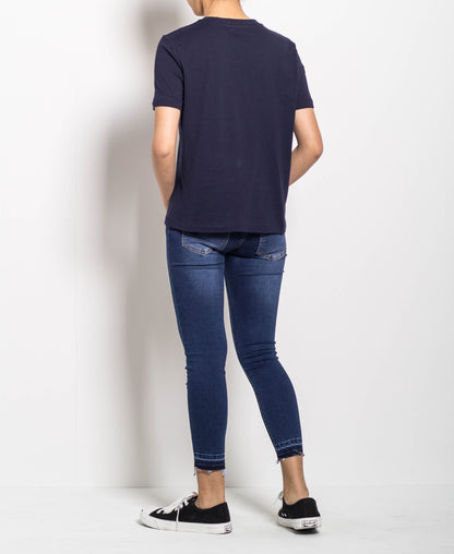 Women Short Sleeve Basic Tee With Pocket - Navy - H0W905