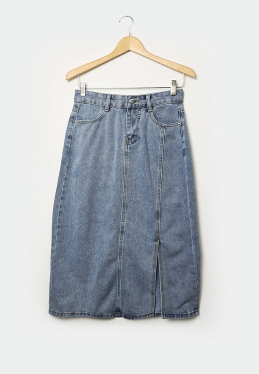 Women Denim Skirt With Slit - Blue - F1W171