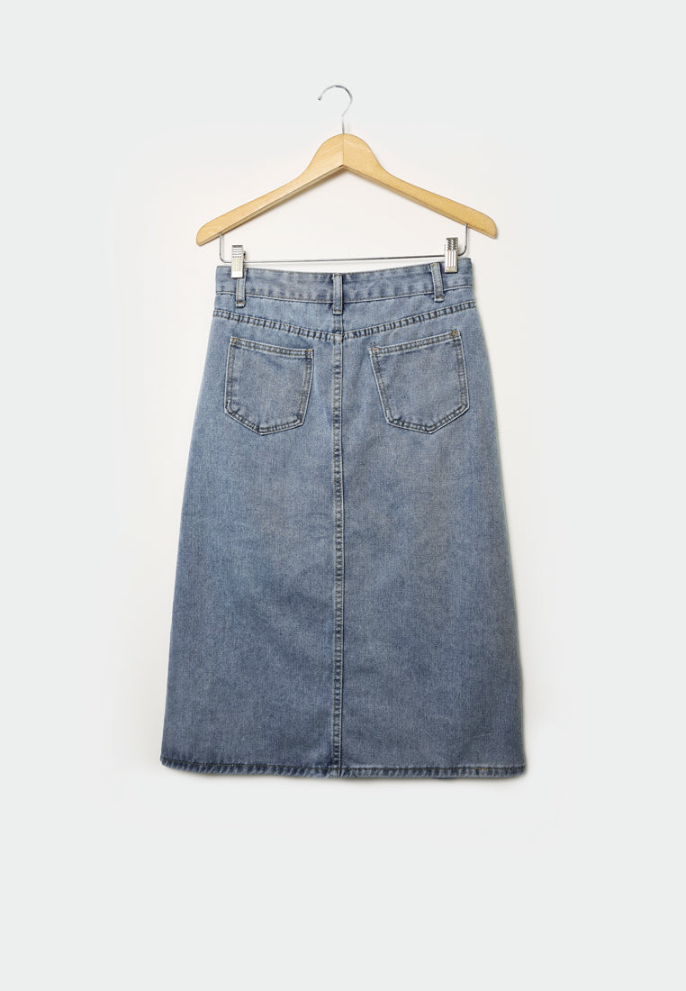 Women Denim Skirt With Slit - Blue - F1W171