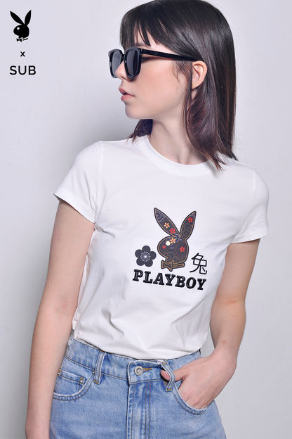 Playboy x SUB Women Short Sleeve Graphic Tee - White - H2W730