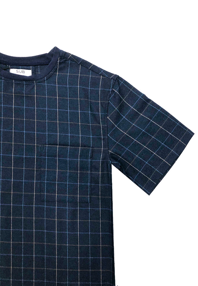 Men Short-Sleeve Woven Checked Fashion Tee - Navy - H0M743