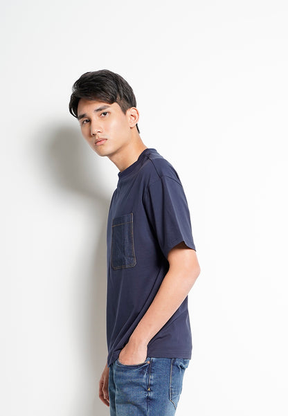 Men Short-Sleeve Woven Pocket Fashion Tee - Navy - H0M728