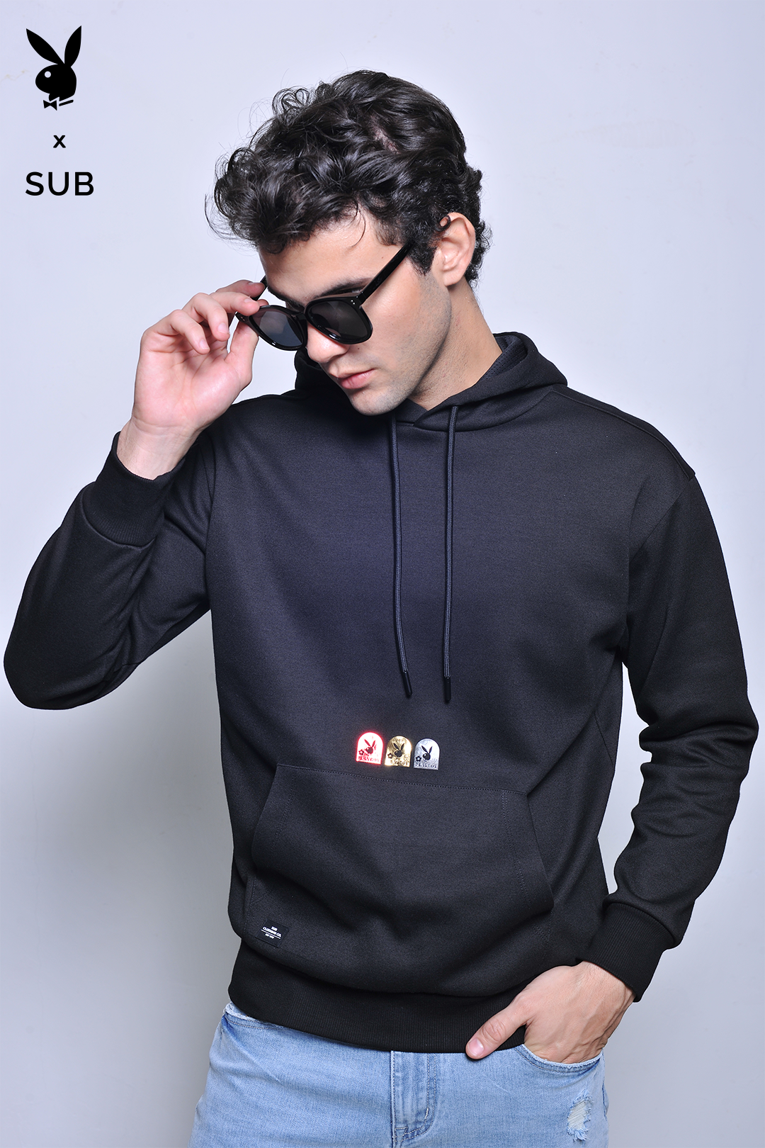 Playboy x SUB Men Long Sleeve Oversized Sweatshirt Hoodies - Black - H2M777