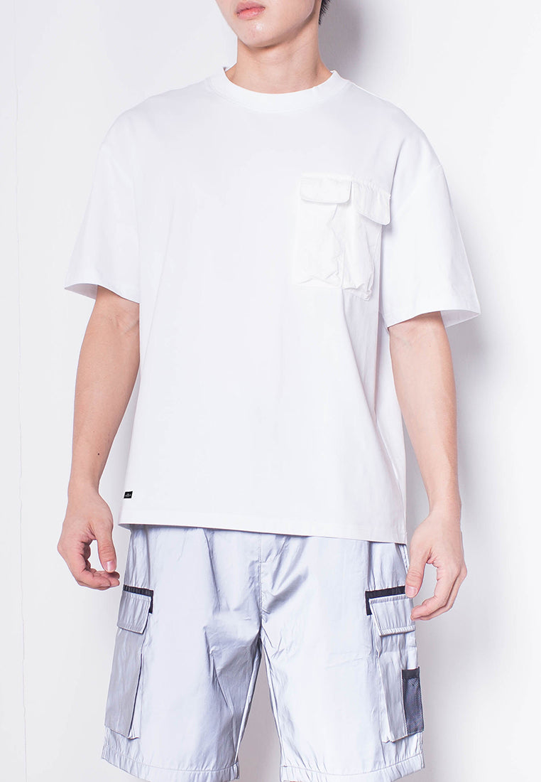 Men Short-Sleeve Woven Flap Pocket Fashion Tee - WHITE - H0M693