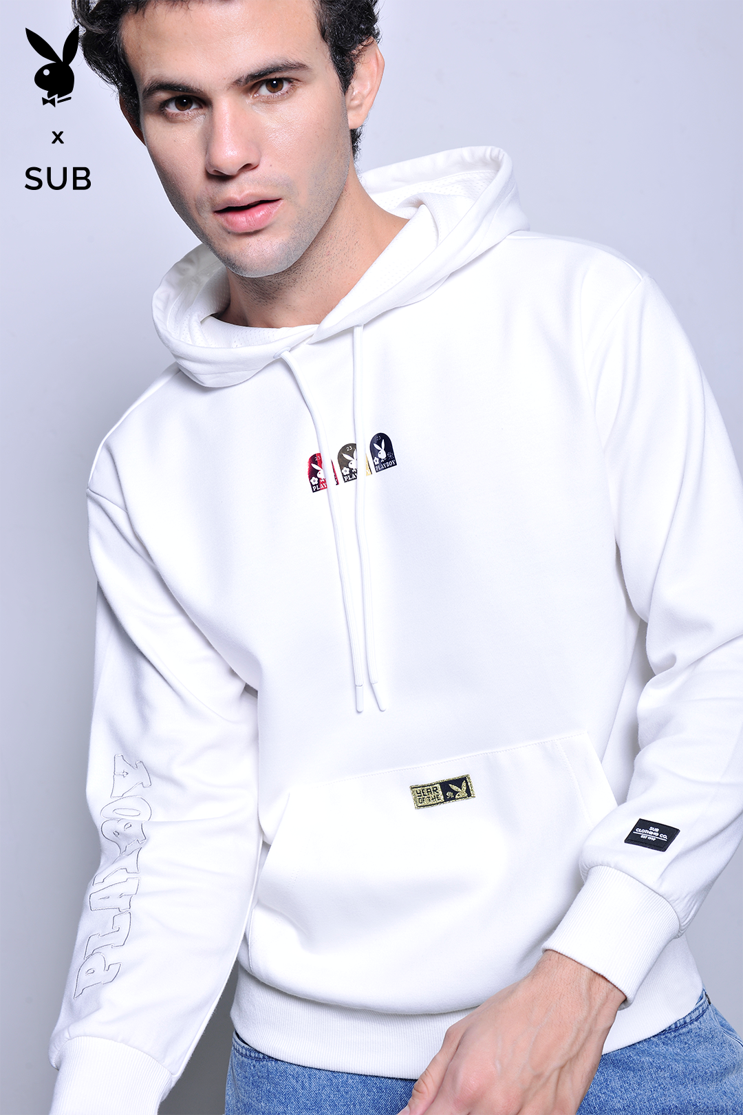 Playboy x SUB Men Long Sleeve Oversized Sweatshirt Hoodies - White - H2M778