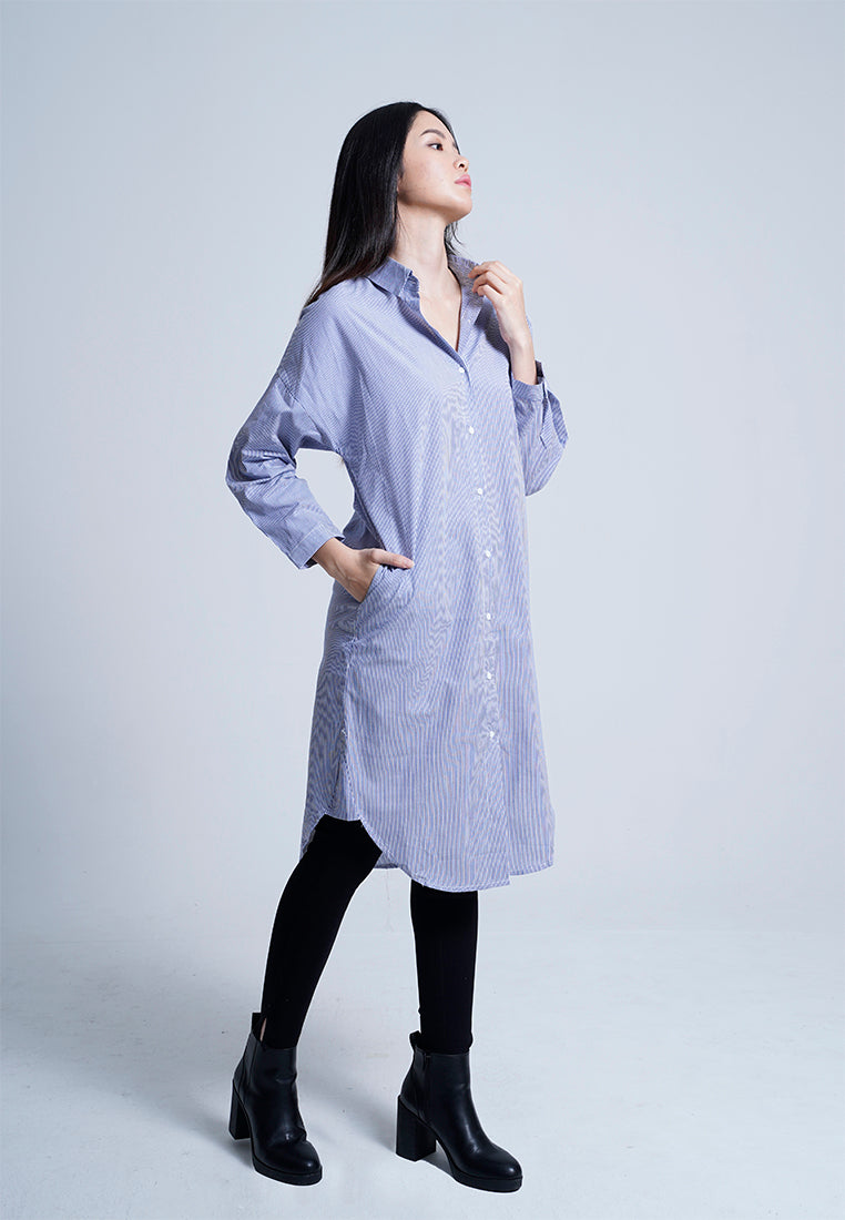 Women Long Sleeve Dress - Blue - H9W222