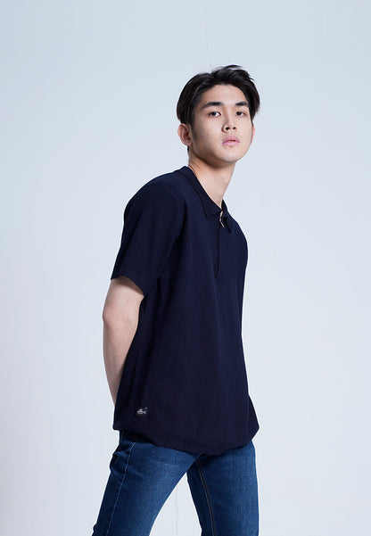 Men Short-Sleeve Knit Zip Polo Shirt  - Navy - H0M634