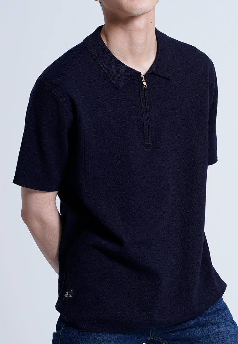 Men Short-Sleeve Knit Zip Polo Shirt  - Navy - H0M634