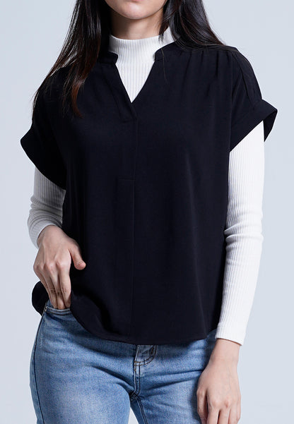 Women V-Neck Placket Blouse - Black - M0W452