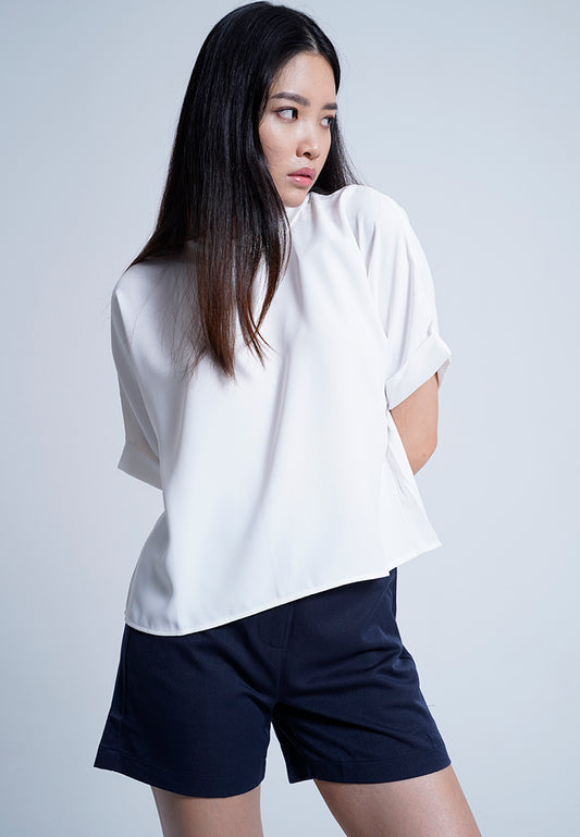 Women Rolled Collared Blouse - White - M0W448