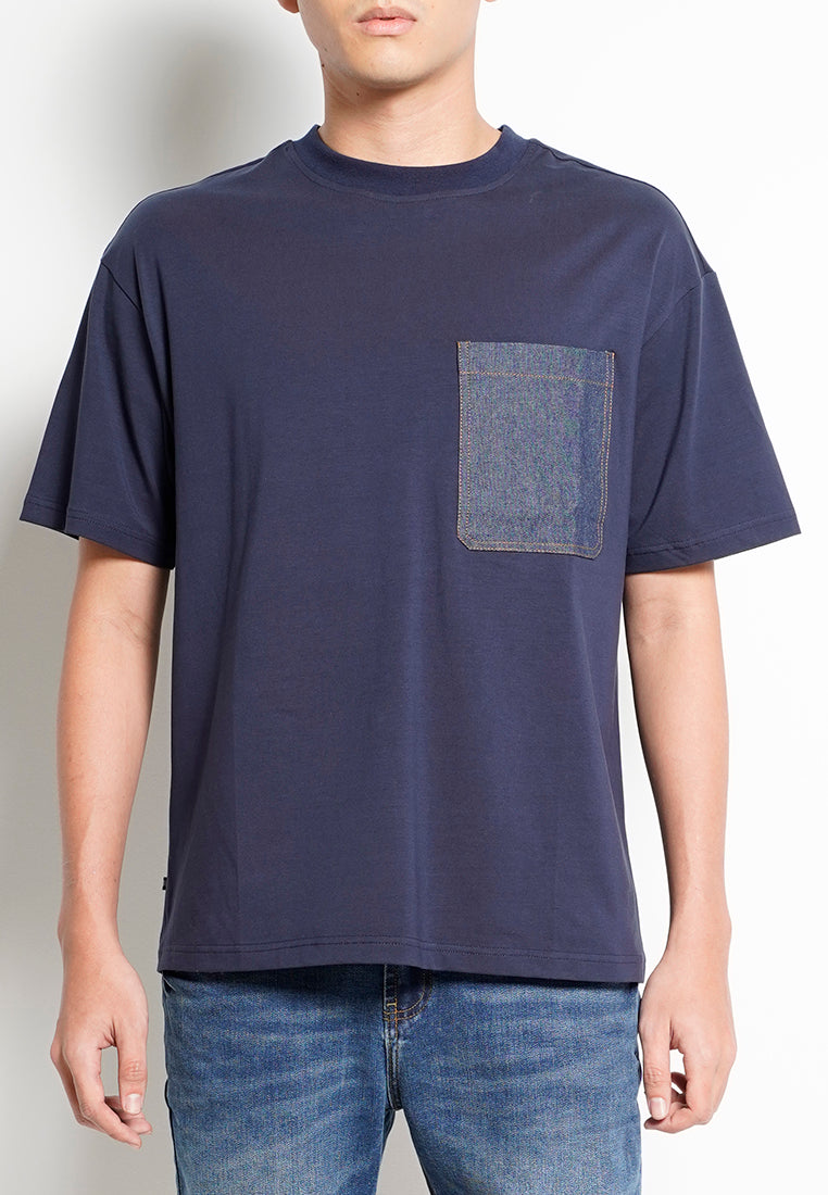 Men Short-Sleeve Woven Pocket Fashion Tee - Navy - H0M728