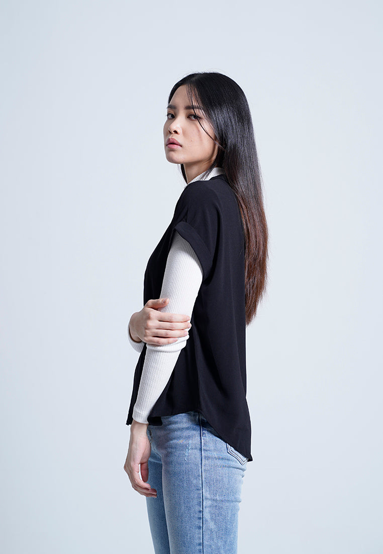 Women V-Neck Placket Blouse - Black - M0W452