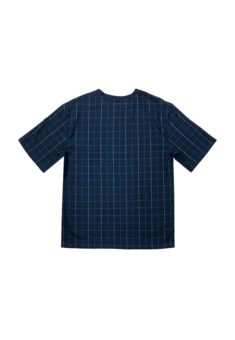 Men Short-Sleeve Woven Checked Fashion Tee - Navy - H0M743