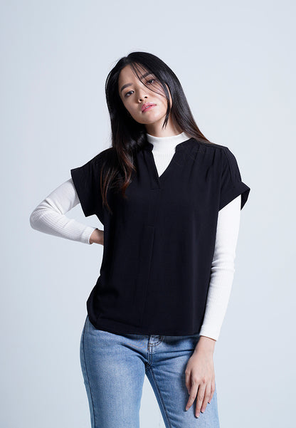 Women V-Neck Placket Blouse - Black - M0W452