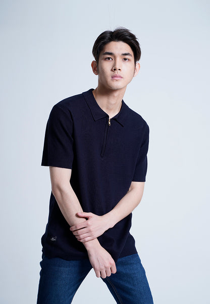 Men Short-Sleeve Knit Zip Polo Shirt  - Navy - H0M634