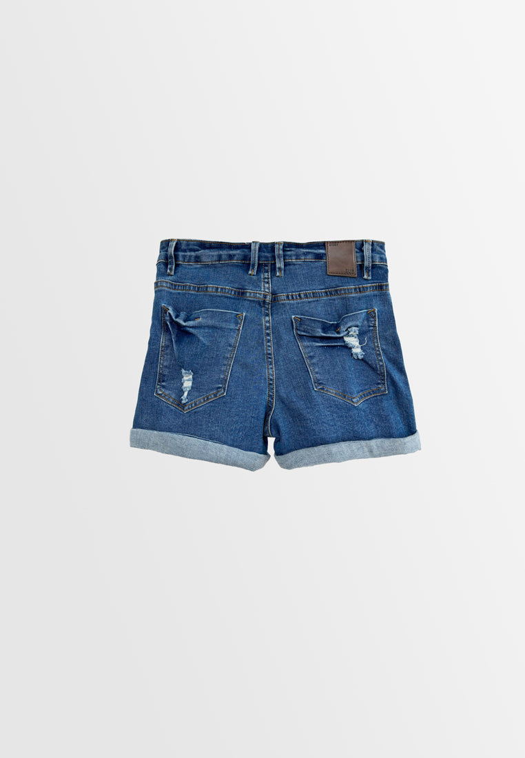 Women Ripped Short Jeans - Dark Blue - H2W503