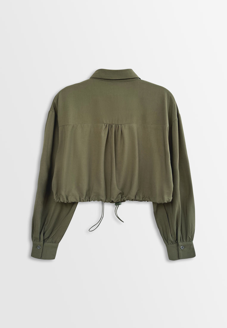 Women Long Sleeve Woven Blouse - Army Green - H2W461