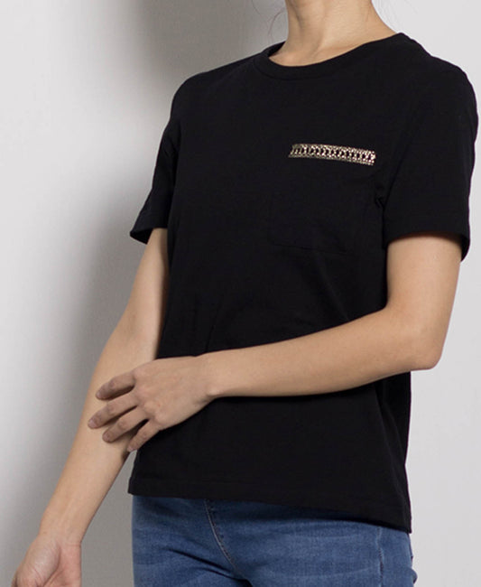 Women Short Sleeve Tee with Pocket - Black - H0W793