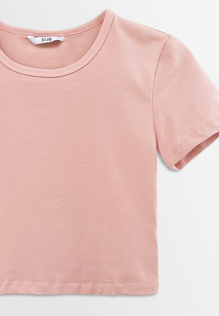 Women Short-Sleeve Crop Top Tee - Pink - H2W470