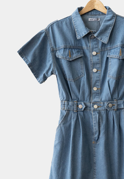 Women Short Shirt Dress - Blue - H1W241