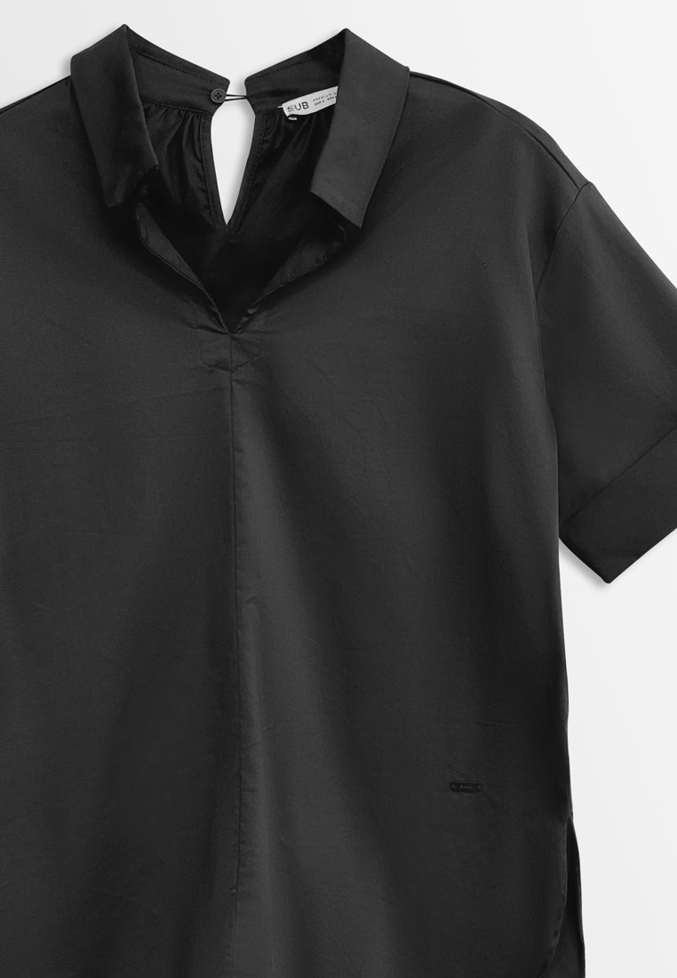 Women Short Sleeve Woven Blouse - Black - H2W431