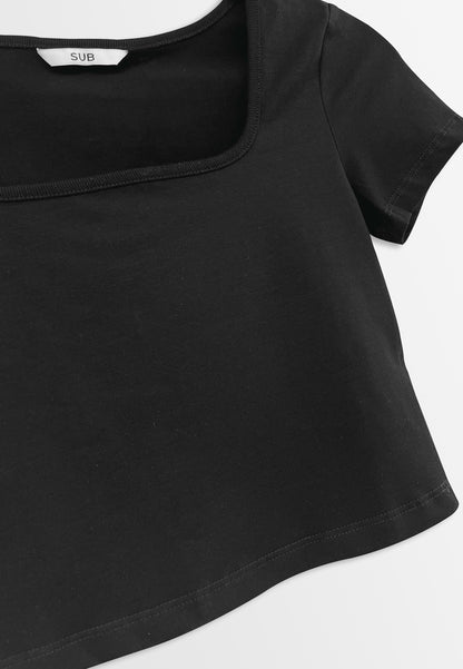 Women Short-Sleeve Crop Top Tee - Black - H2W465