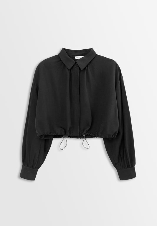 Women Long Sleeve Woven Blouse - Black - H2W459