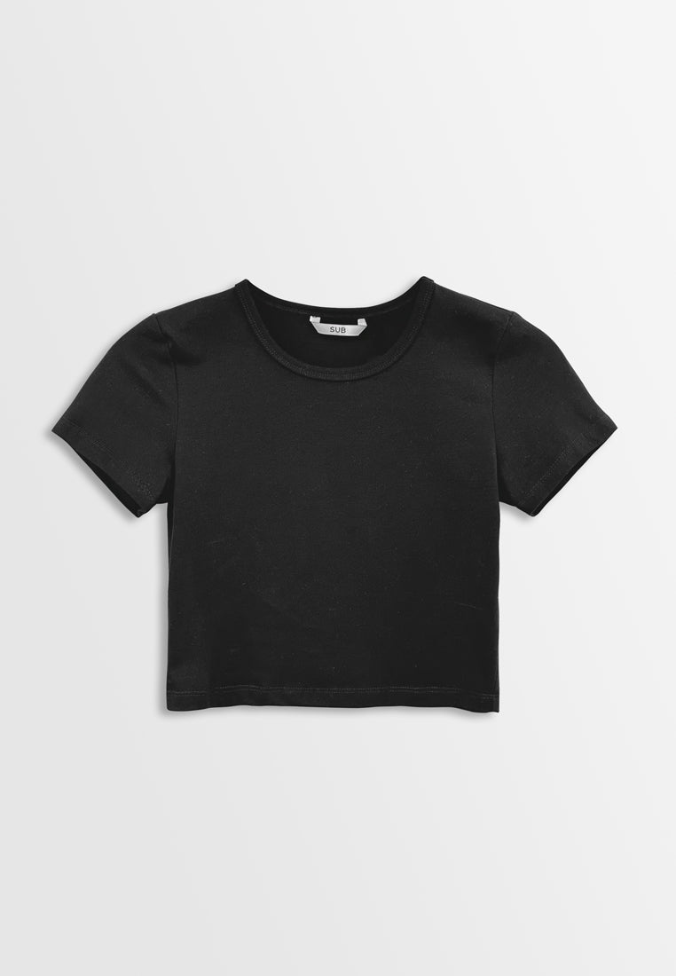 Women Short-Sleeve Crop Top Tee - Black - H2W468