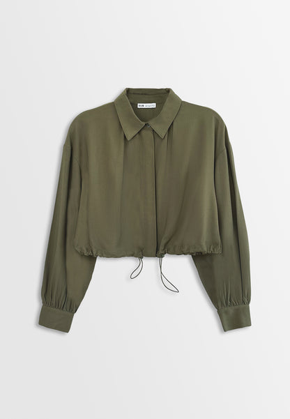 Women Long Sleeve Woven Blouse - Army Green - H2W461