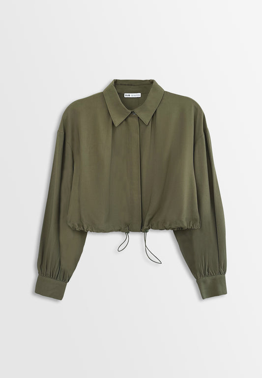 Women Long Sleeve Woven Blouse - Army Green - H2W461